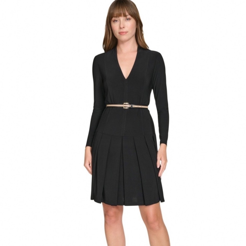 Tommy Hilfiger Pleated Dress Women 8 New Black Belted Long Sleeve MSRP $110